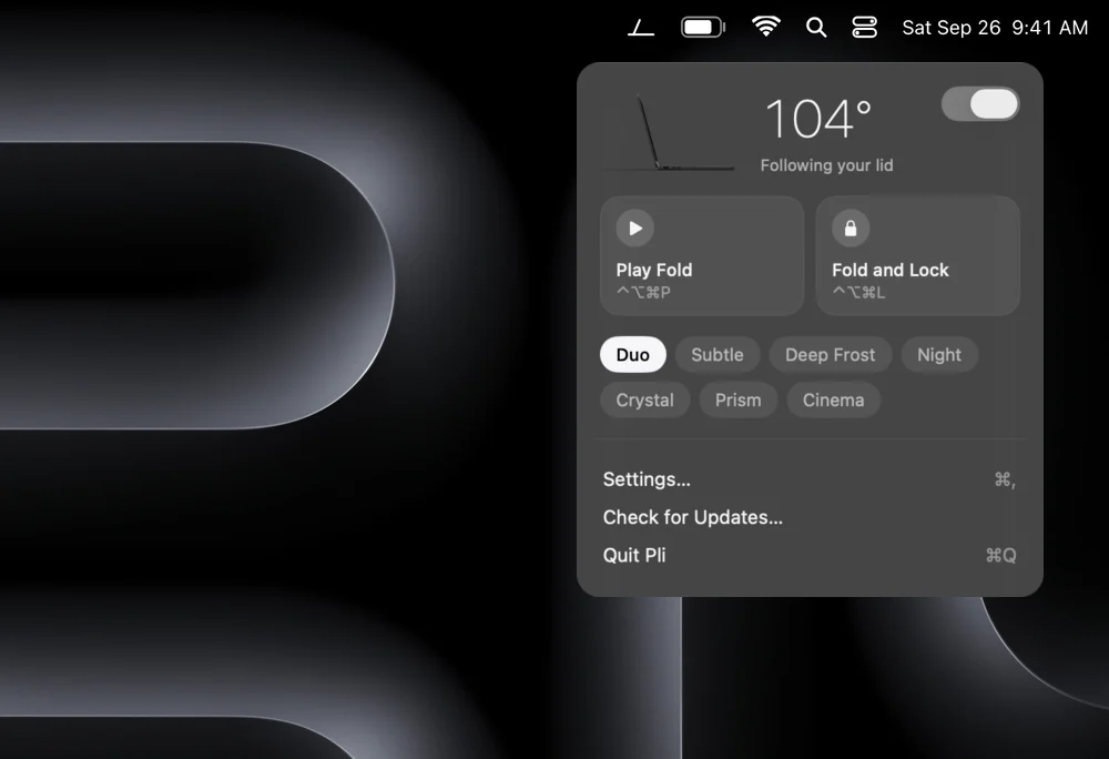 Pli's menu bar panel: the angle, an on and off switch, Play fold, Fold and lock, and the looks.