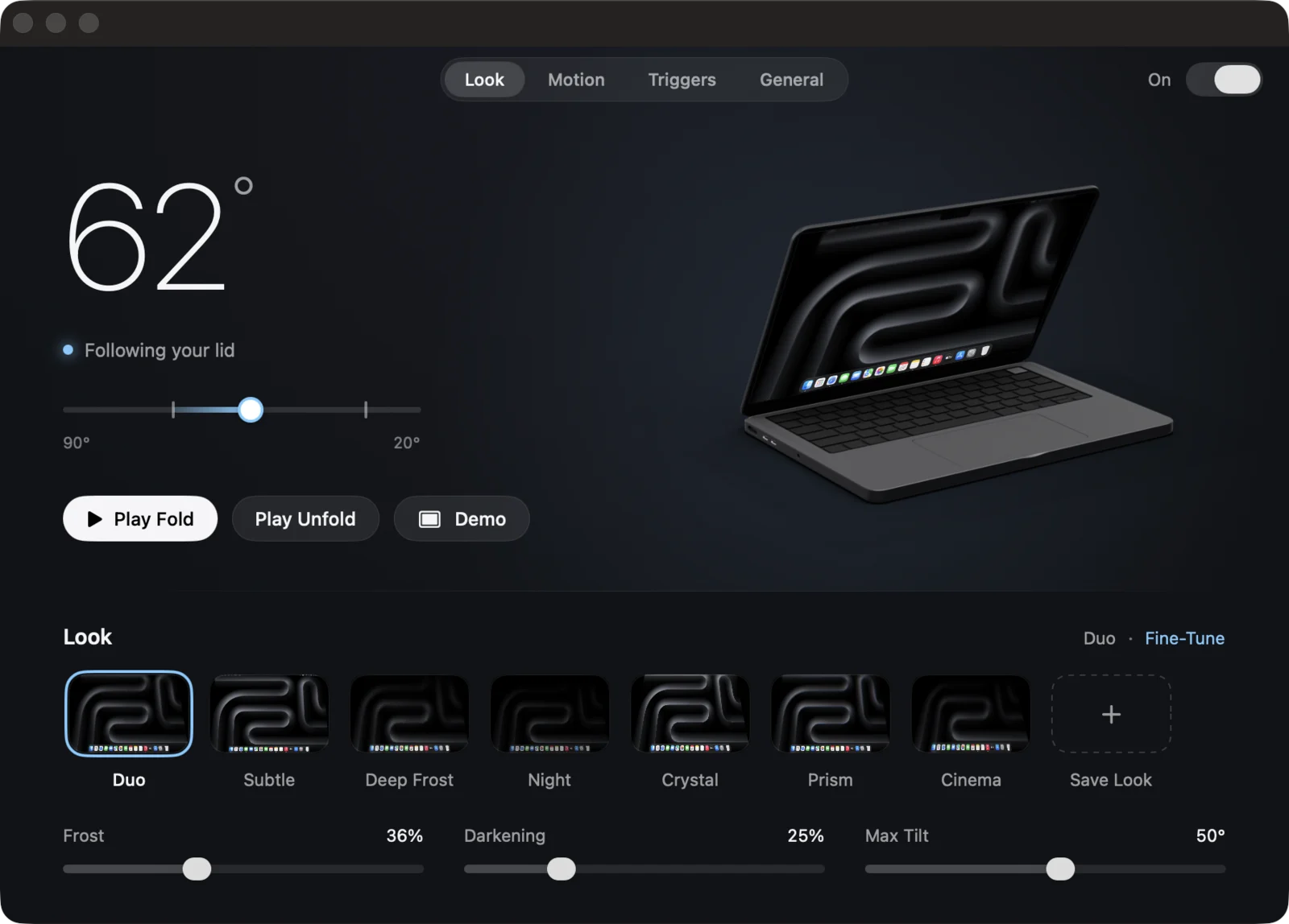Pli's settings window: the lid at 62 degrees in large numerals, a MacBook showing the effect on its display, seven looks and three sliders: Frost, Darkening and Max Tilt.
